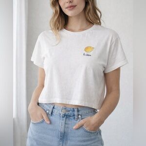 French Connection Le Citron Lemon Graphic Crop Tee White Cotton XS Oversized